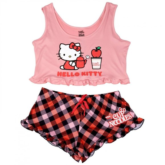 Hello Kitty Sanrio X Nissin Pajama Set ~ Pink Plaid ~ Sizes Large & Medium - Picture 1 of 2